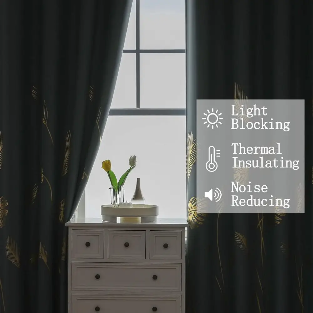 골드 팜 트리 프린트 암막 커튼, 96인치 길이, 단열, 52x96, 침실 및 거실용 2패널 세트