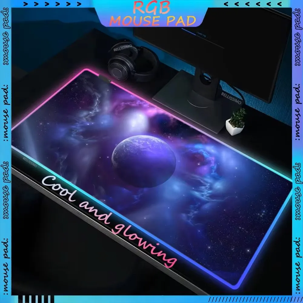 

Коврик для мыши космический игровой, RGB компьютерный коврик с подсветкой, звездное небо, резиновая окантовка