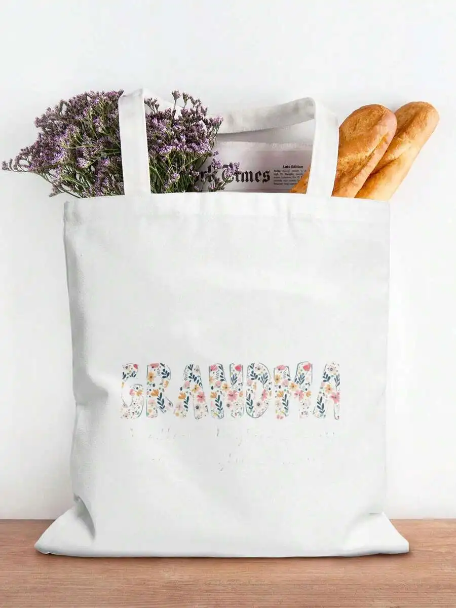 

Floral Letter Print Canvas Tote Bag For Women Large Capacity Casual Shopping Bag