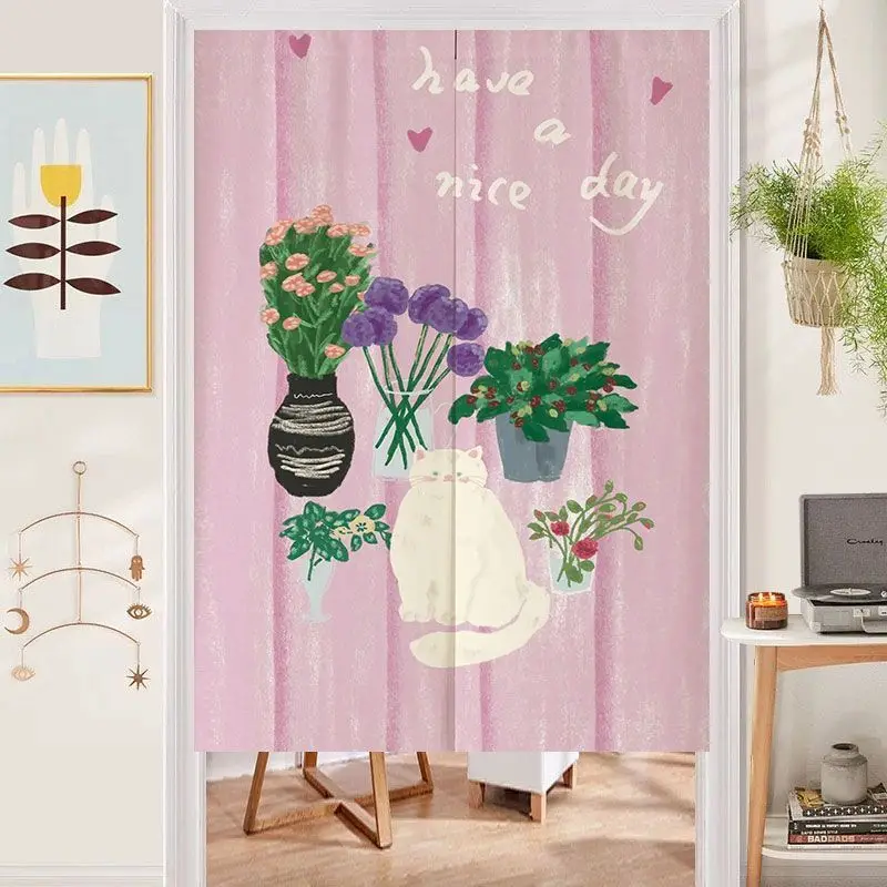 Gentle Illustration Air Door Curtain Pink Background White Cat Pattern Home Use No Punching Room Cover Decorative Curtain