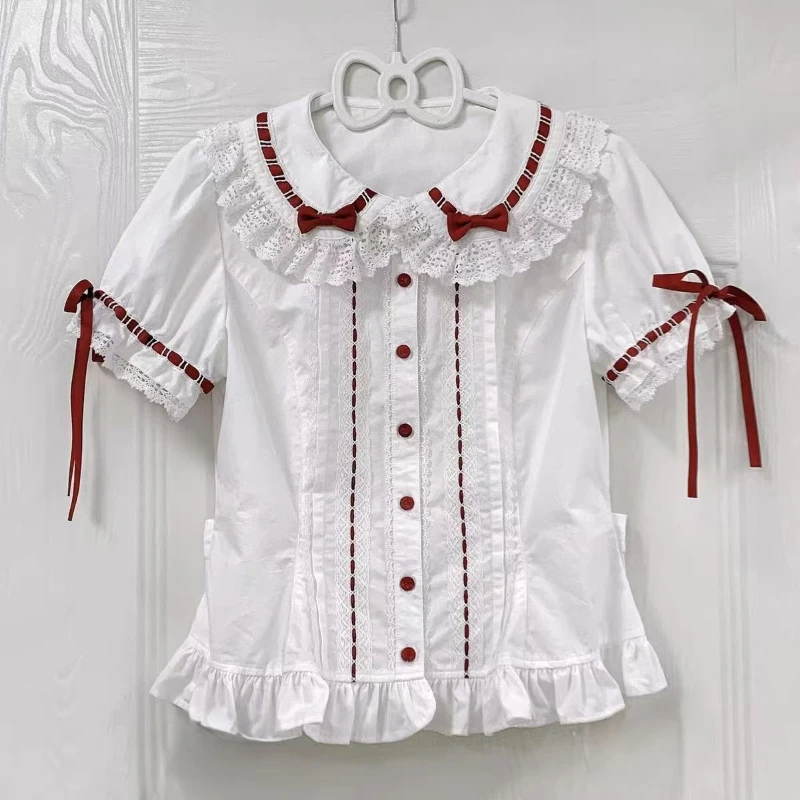 Japanese Kawaii Cute Lolita Style Shirt Women Sweet Lace Ruffles Peter Bow Pan Collar Blouses Girls Harajuku Y2k Chic Inside Top view 3