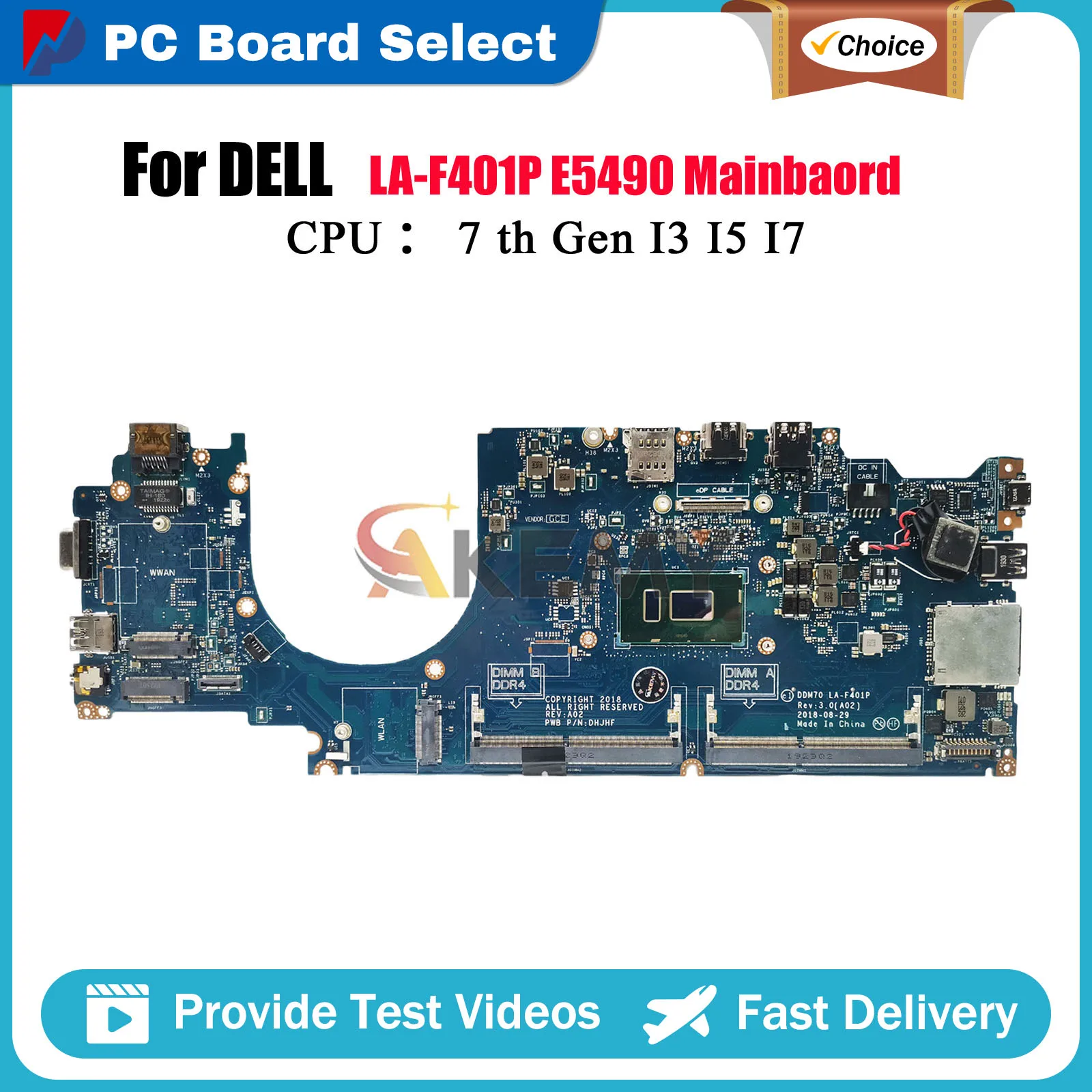 Laptop Motherboard For DELL Latitude 5490 LA-F401P with I3 I5 I7 7th/8th CPU 0C08DH 0M71FV 0NJFT2 08KN1W Tested OK
