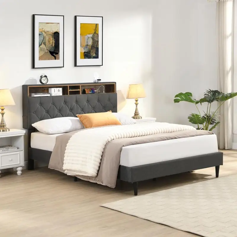 Modern Queen-Size Upholstered Platform Bed Frame with Button-Tufted Linen Headboard, USB Charging Ports, Side Pockets, No Box