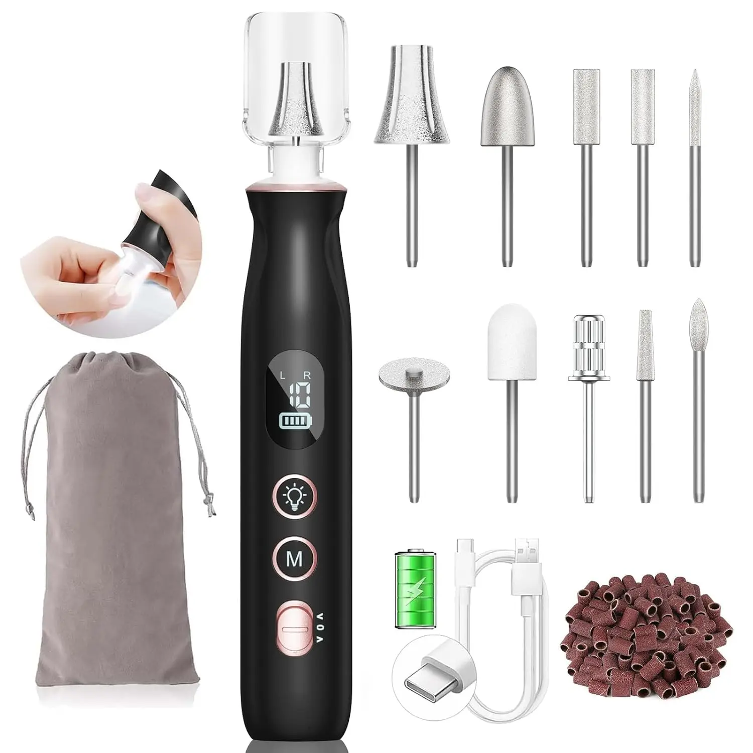 

Электрическая пилка для ногтей с ЖК-дисплеем и подсветкой, перезаряжаемая беспроводная пилка для маникюра и педикюра, подарки для женщин и мужчин