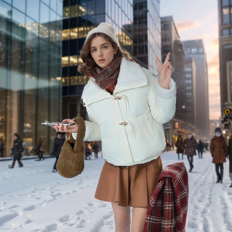 KIDCRKJ 2025 Winter Women's Padded Jacket Female Woole Collar Lapel Casual Short Cotton Jacket Casual Contrast Lady Parka Coats