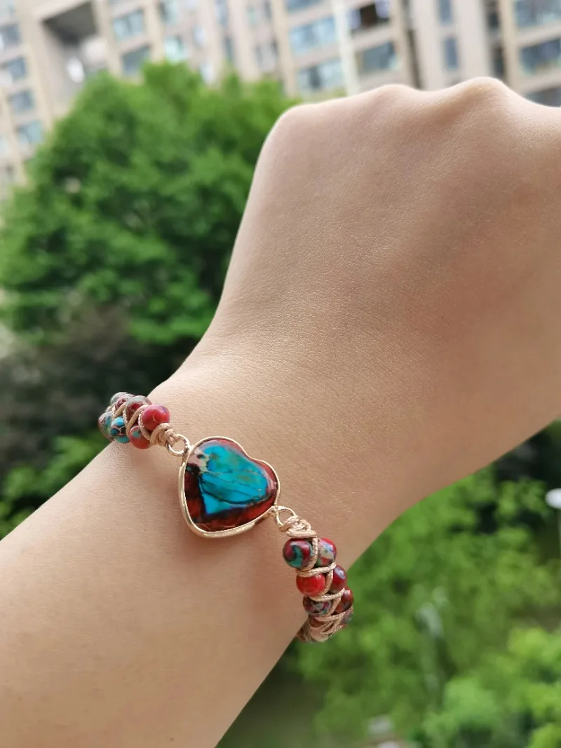 Ethnic Style Vintage Emperor Natural Stone Heart Red Bracelet Adjustable Rope Hand String Charm Meditation Lucky Women Men Gift