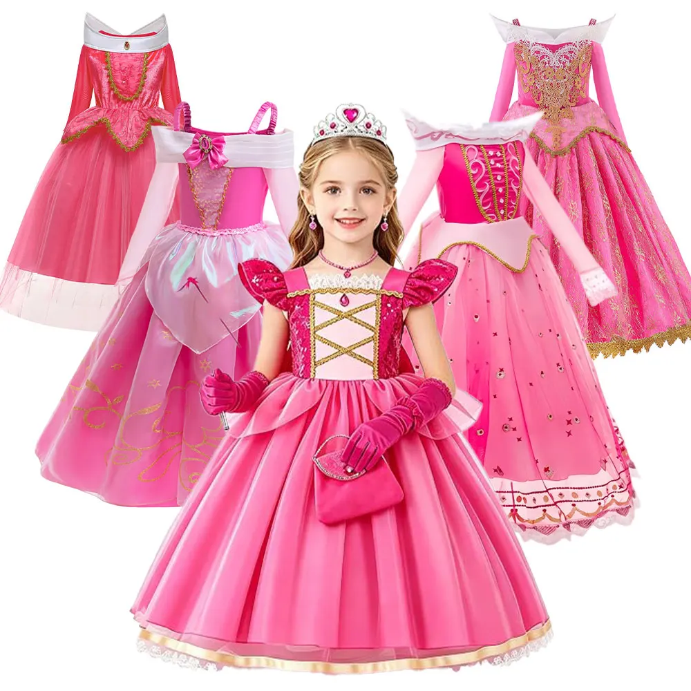 Girls Sweet Pink Princess Dress Stunning Kids Birthday Party Luxury Fairy Tale Apparel Halloween Carnival Aurora Cosplay Costume