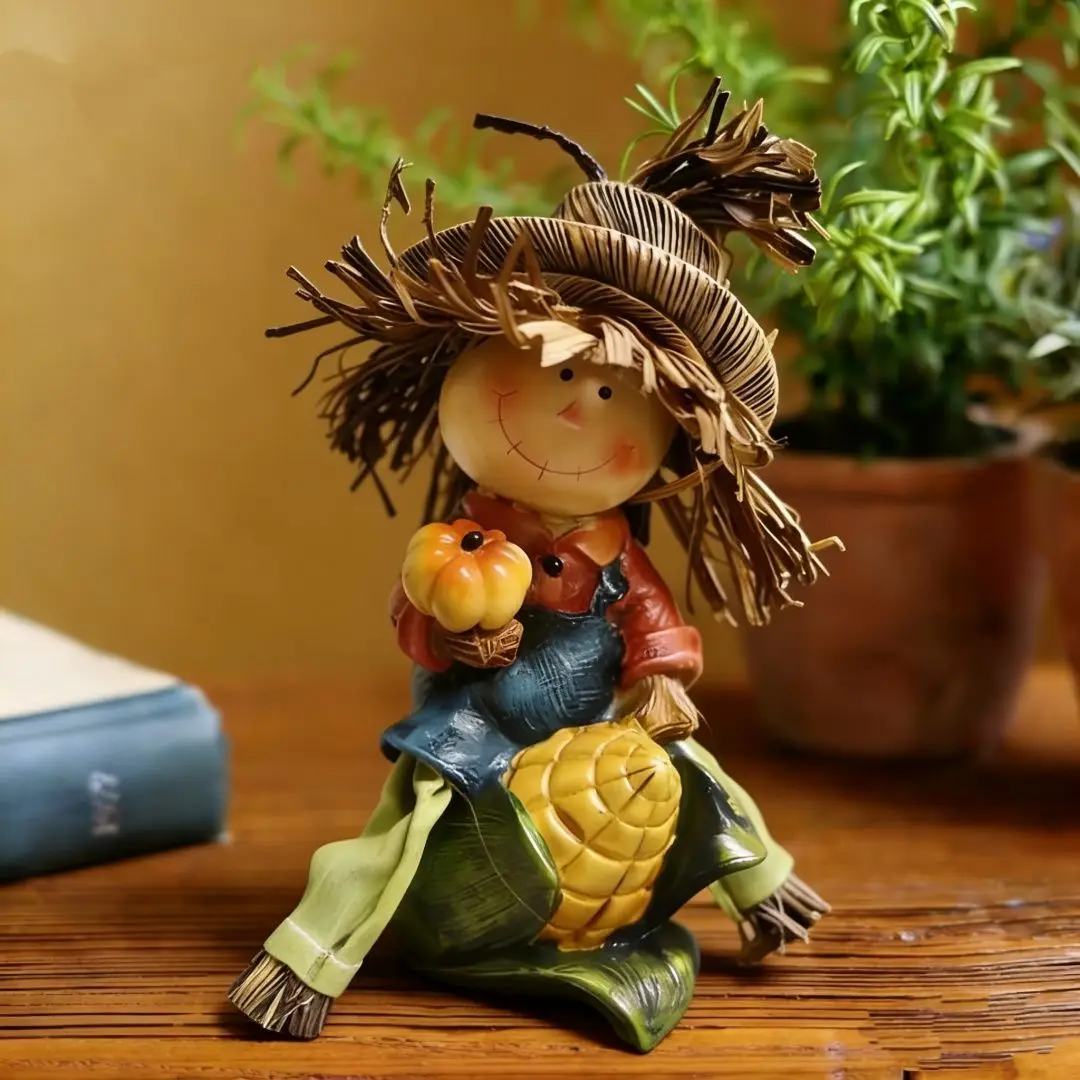 American Countryside Scarecrow Figurine - Farmhouse Rustic Decor for Balcony Shelf Desk, Resin Harvest Home Ornament, Fall Gift