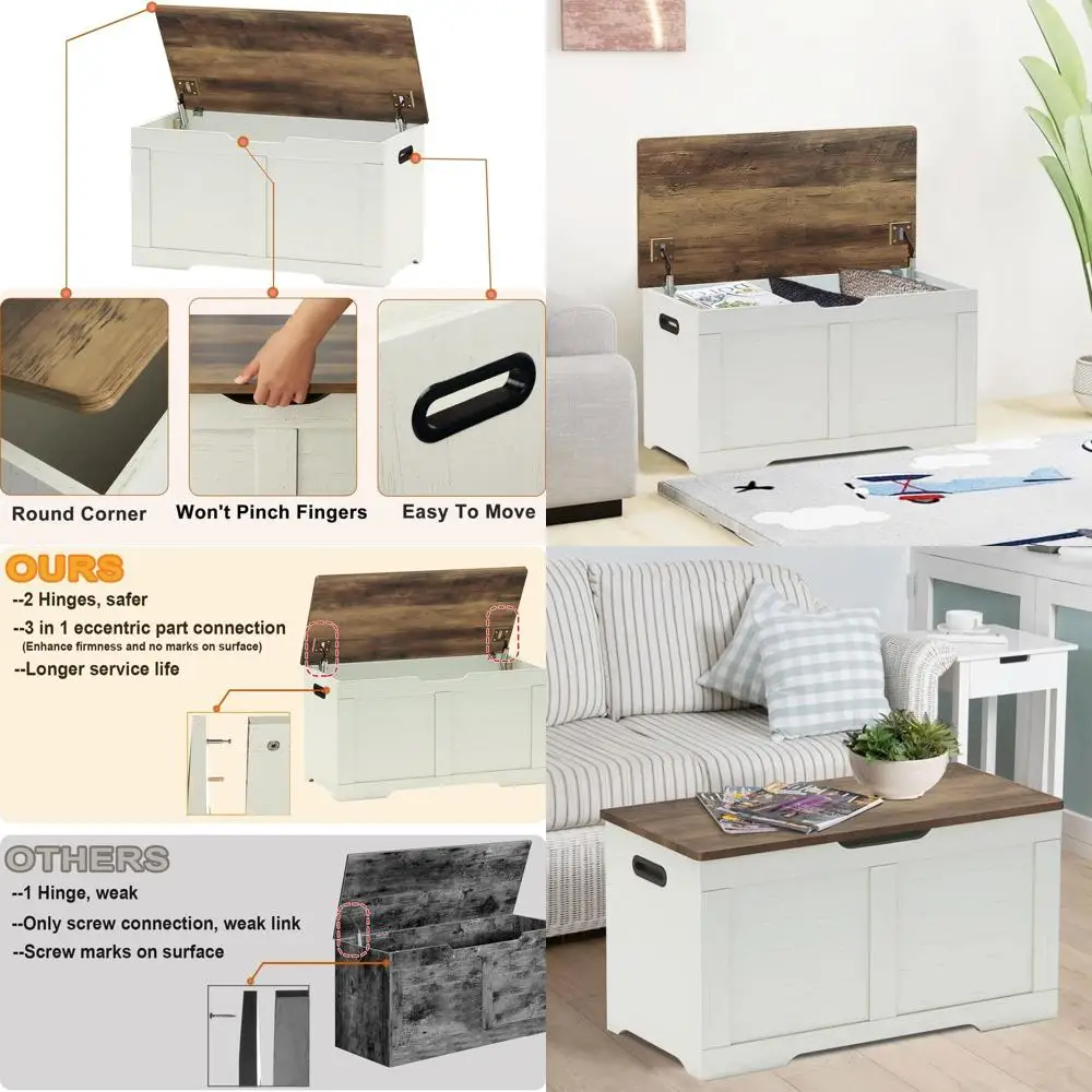 

Large Wooden Storage Bench with Lift Top and Safety Hinges, Rustic Brown and White, Ideal for Entryway and Bedrooms