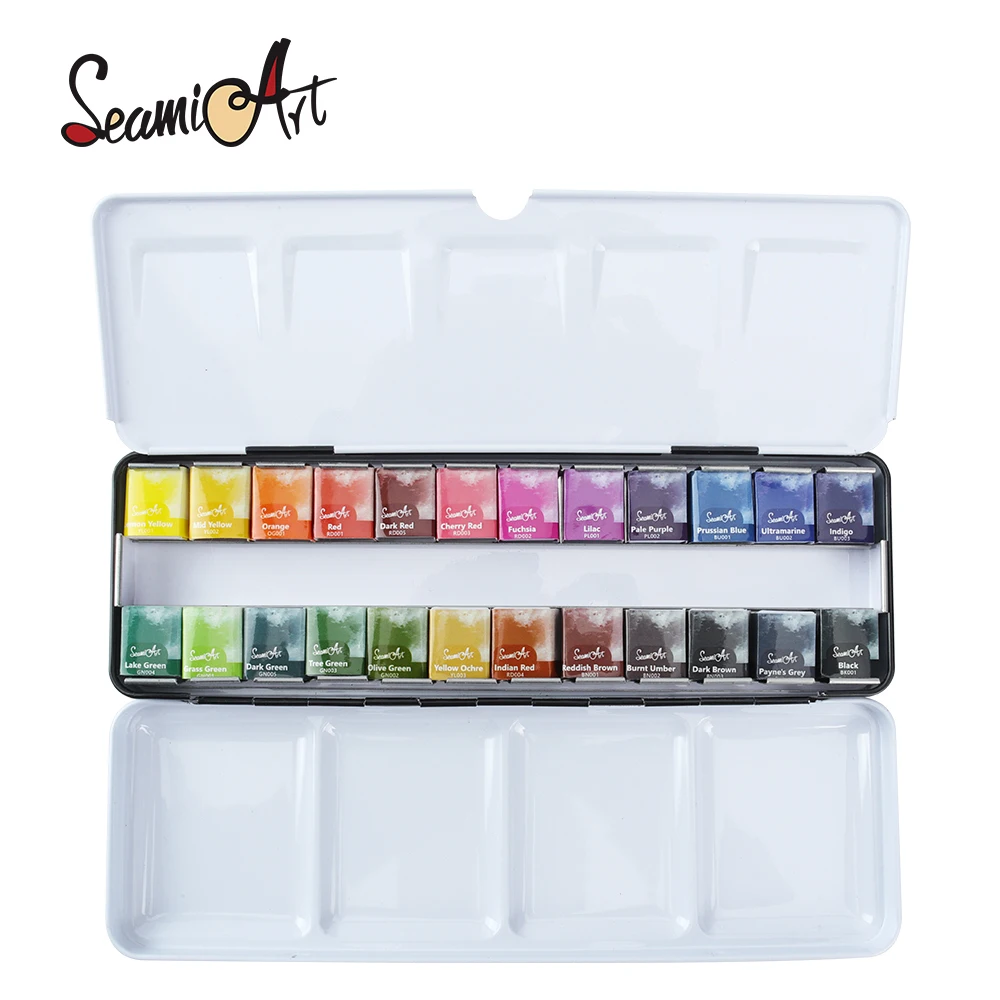 SeamiArt 24Color Artist Grade Professional Watercolors Paint Set with 1pc Portable Metal Box for Drawing Watercolor Art Supplies