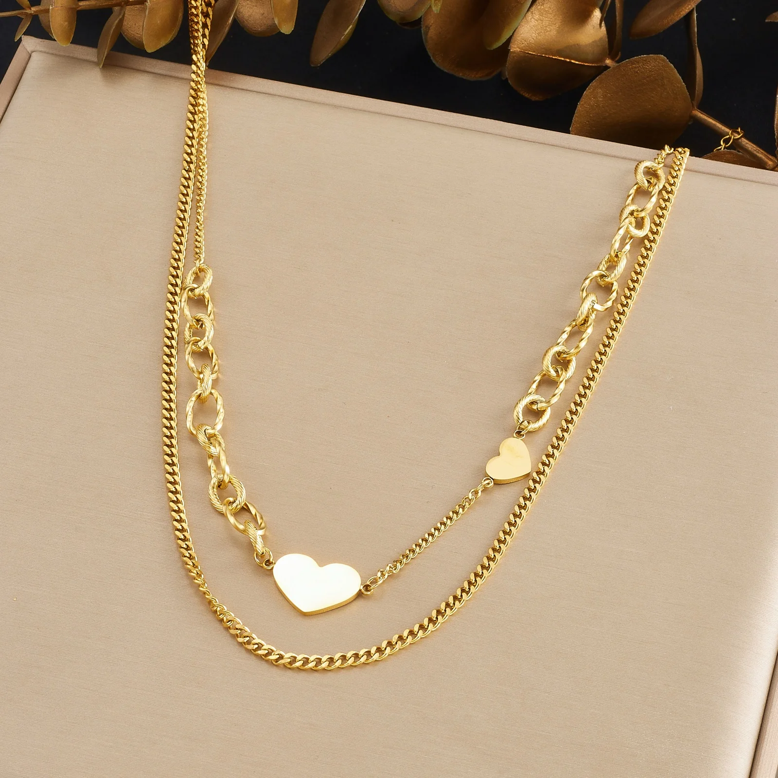 Edelstahl-Halskette mit goldenem Herz, schlicht, doppellagig, für Damen, trendige Mode, nicht verblassende Halskette, Schmuck