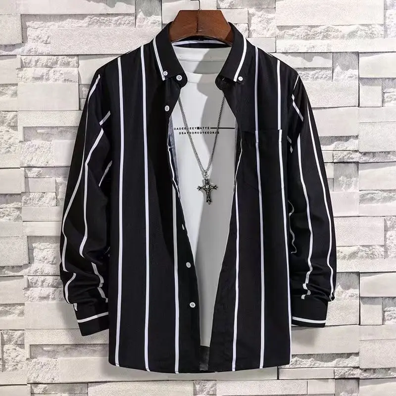 Stylish Men's Striped Shirt Printed Casual Business Dress Shirts Long Sleeve All-Match Slim Fit Fashion Korean Streetwear Shirts