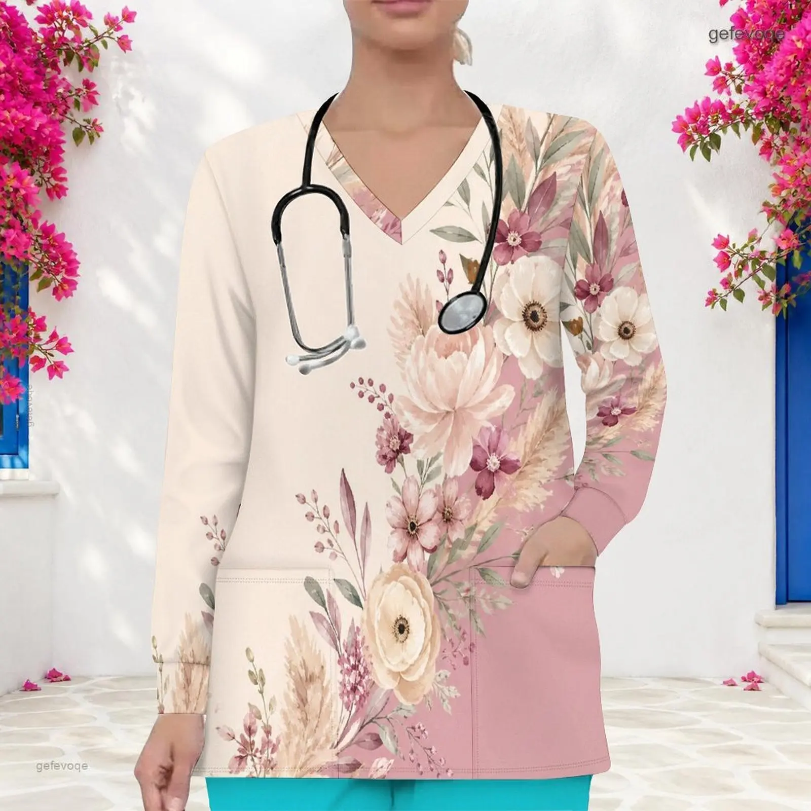 V Neck Long Sleeve Front Pockets Printed Scrub Top for Women