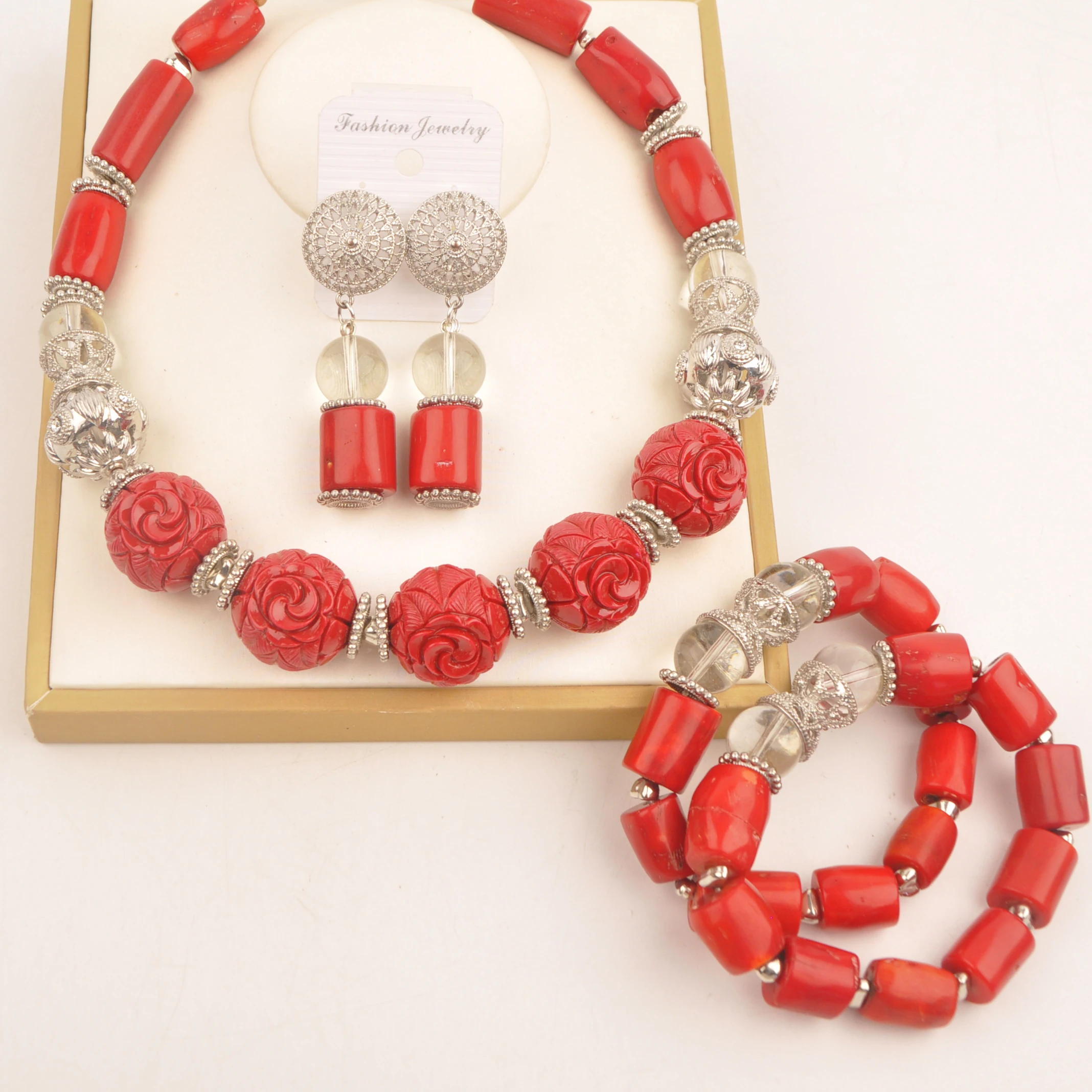 

Red African Coral Necklace Bracelets Earrings Nigerian Wedding Set Jewelry