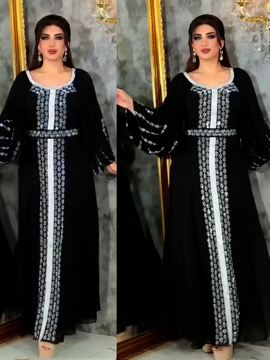 Muslim Women Party Dresses Chiffon Sequins Jalabiya Ramadan Eid Morocco Islam Sashes Vestidos Arab Long Robe Dubai Kaftan Abaya
