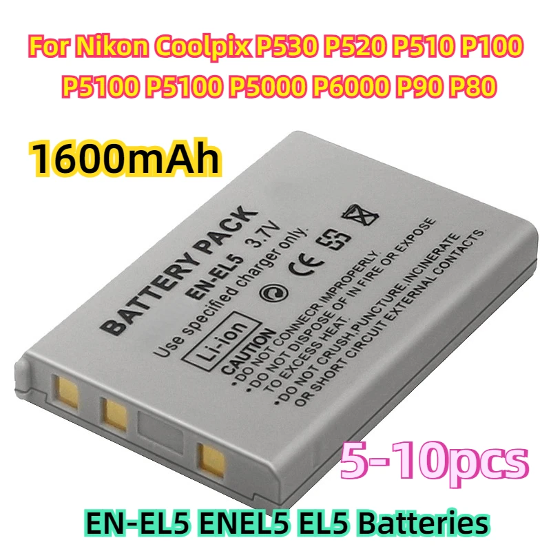 

5-10pcs For Nikon Coolpix P530 P520 P510 P100 P5100 P5100 P5000 P6000 P90 P80 Camera Battery 1600mAh EN-EL5 ENEL5 EL5 Batteries