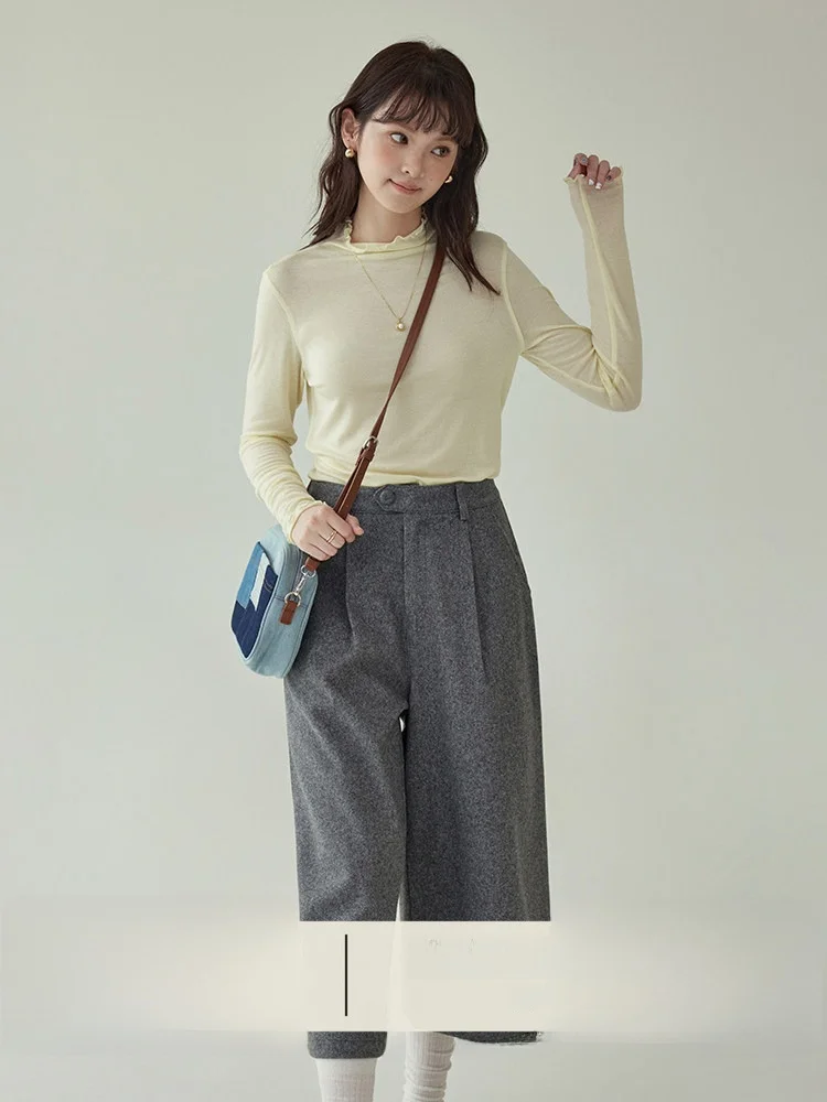 Camiseta de Manga Larga de Lana Merino con Ribete de Encaje de Color Original North Island AMUU, Camiseta Interior Ajustada para Mujer