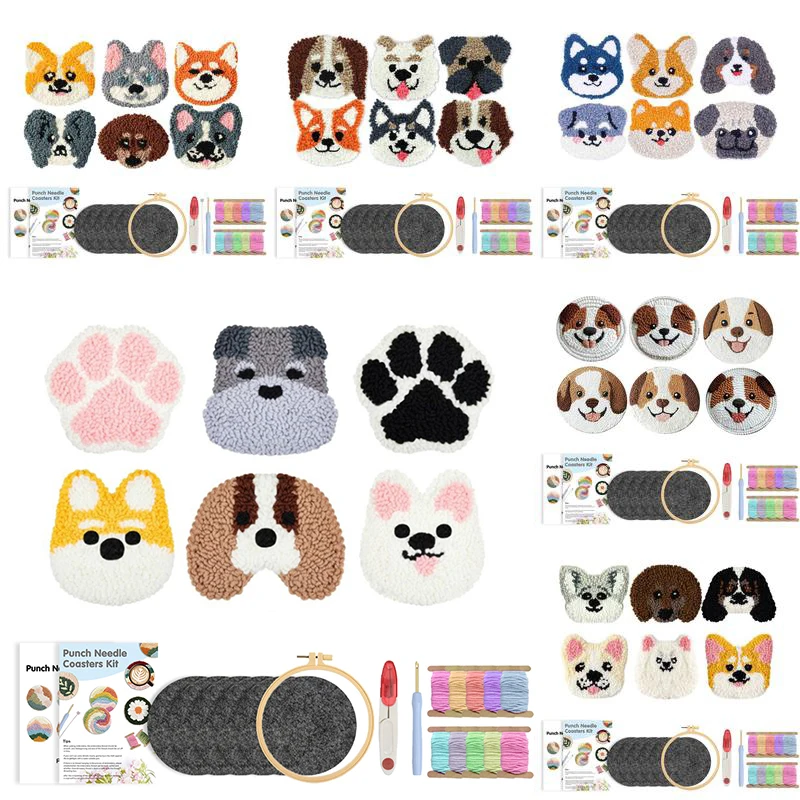 

GATYZTORY Cute Dog Pattern Punch Needle Coaster Kit for Beginners Tufted Rug Pads with Adhesive Felt Yarns Embroidery