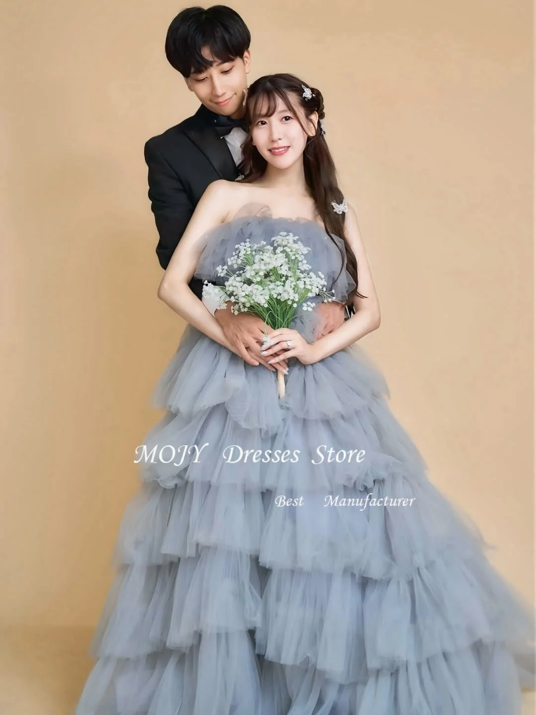 모지 프린세스 티어드 퍼피 스커트 한국 웨딩 파티 드레스 주름 장식 튤 맞춤형 플로어 길이 신부 파티 가운