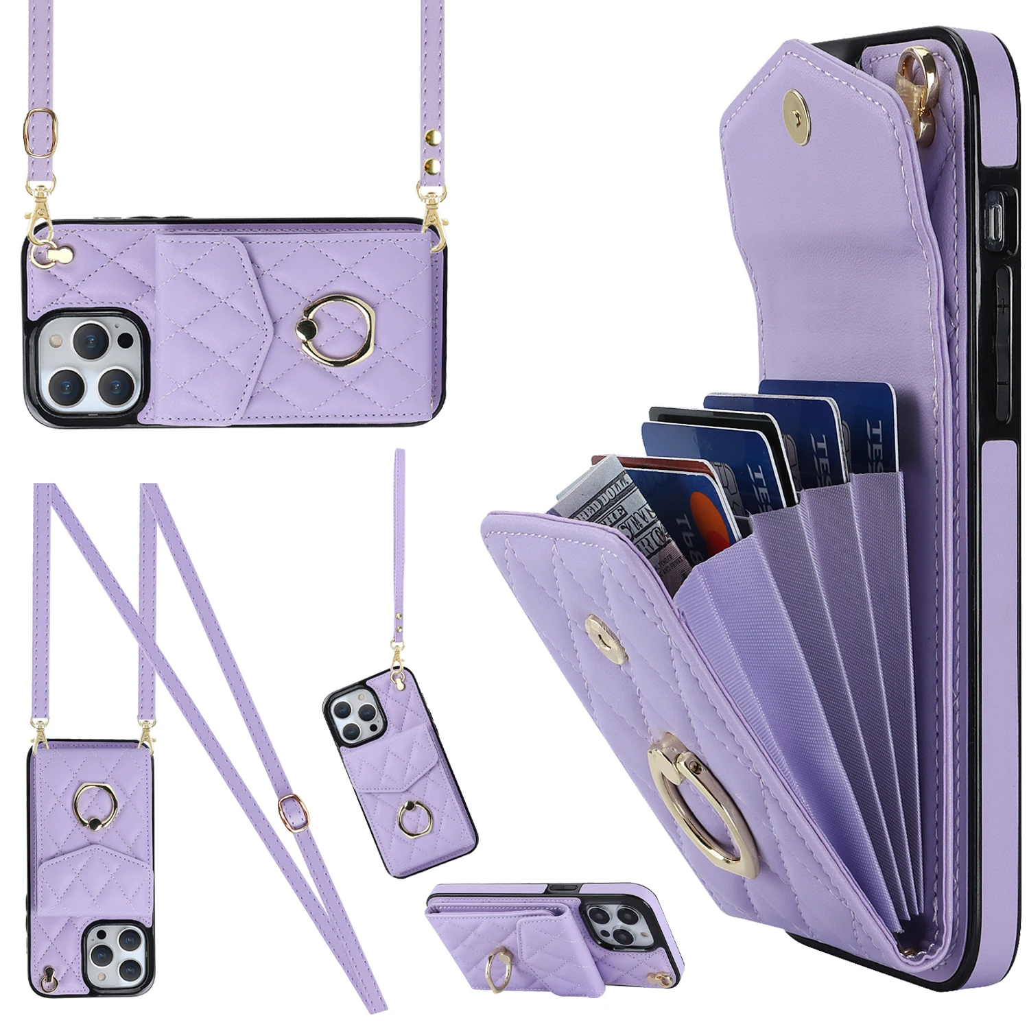 Crossbody Lanyard Ringhouder Lederen Case voor iPhone 13 14 15 16 E 17 Pro Max 17 Air 16 Plus 12 11 Multi Card Slot Wallet Cover