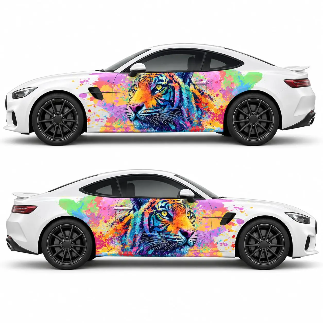 Colorful Tiger Car Side Vinyl Wrap Decal, Paint Splash Art