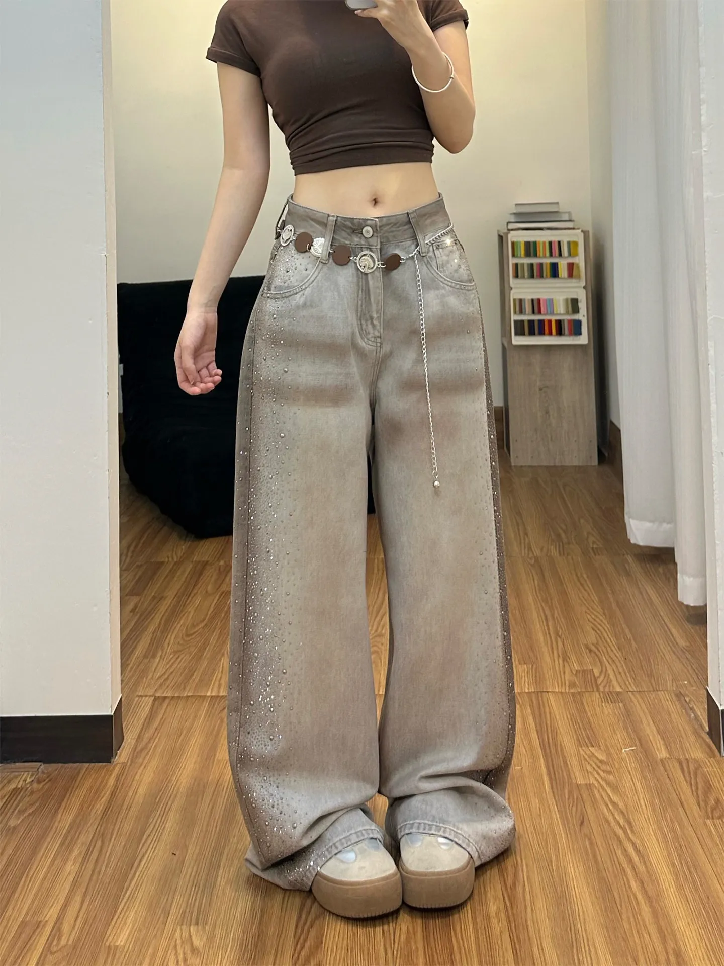

Shiny Rhinestone Embellished Wide Leg Denim Jeans Women's Summer Heavy Duty Ironed Vintage Washed Tie Dye Silver Grey