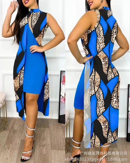 

Women's stand up collar sleeveless casual style 2024 new Baroque leopard print slit asymmetrical casual dress