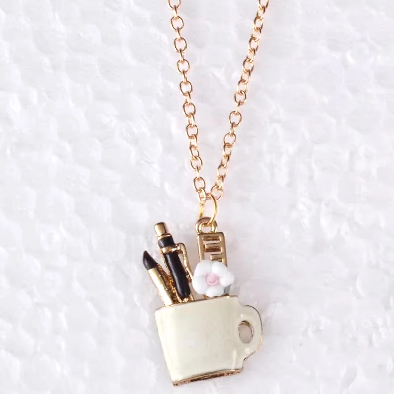 Enamel Pencil Cup Flower Pen Container Pendant Necklace Gold Color Choker Link Chain Necklace Jewelry Women Fashion Jewellery