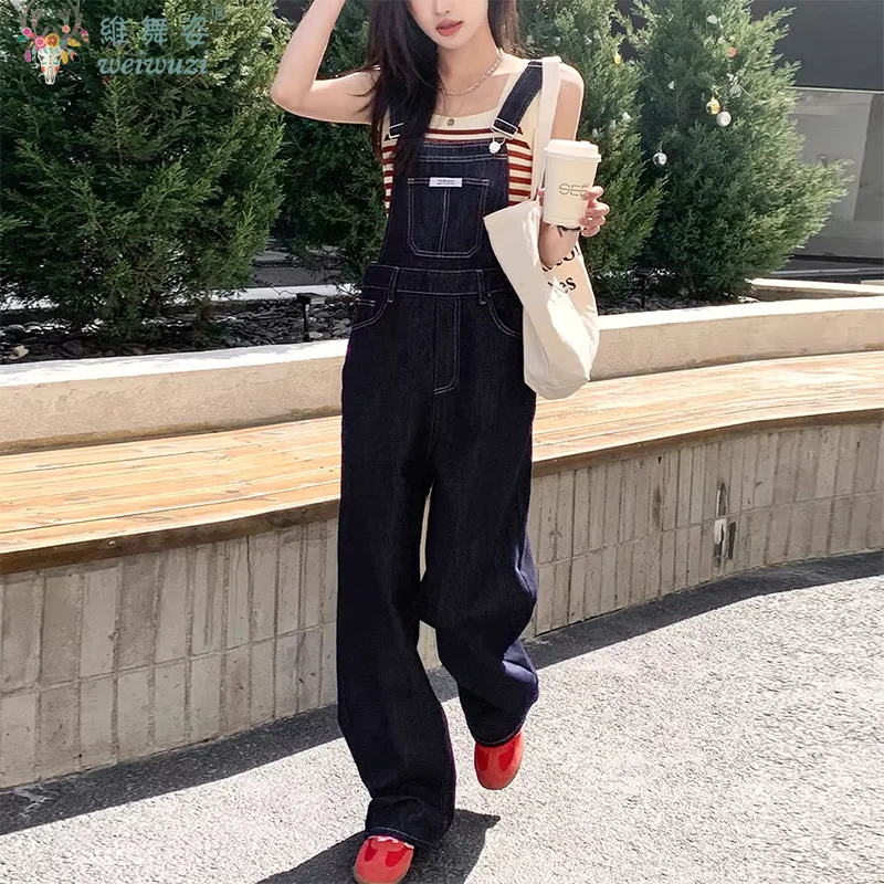 Y2k Women's Straight Leg Cowboy Overalls Chic Blue Wide Leg Jeans Autumn Loose Denim Jumpsuit Outdoor Sportswear Causal Outfits