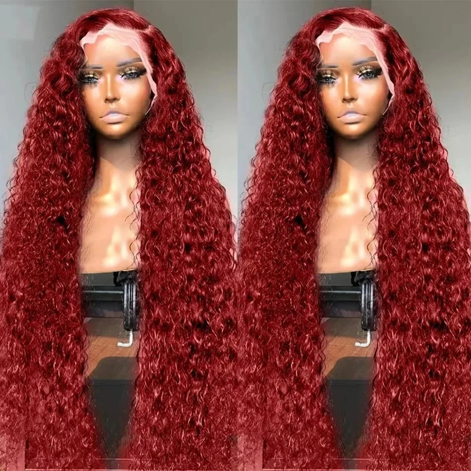 30 40 Inch 99J Burgundy Deep Wave 13x4 Transparent Lace Front Human Hair 13x6 HD Lace Frontal Red Colored Water Curly Wigs Women