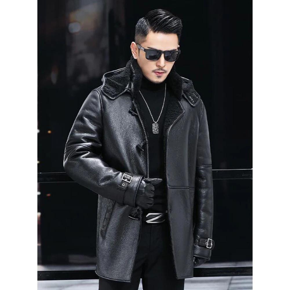 

Denny&Dora Men's Shearling Jacket - Black Long Leather - Winter Wear - Hooded Coat​​