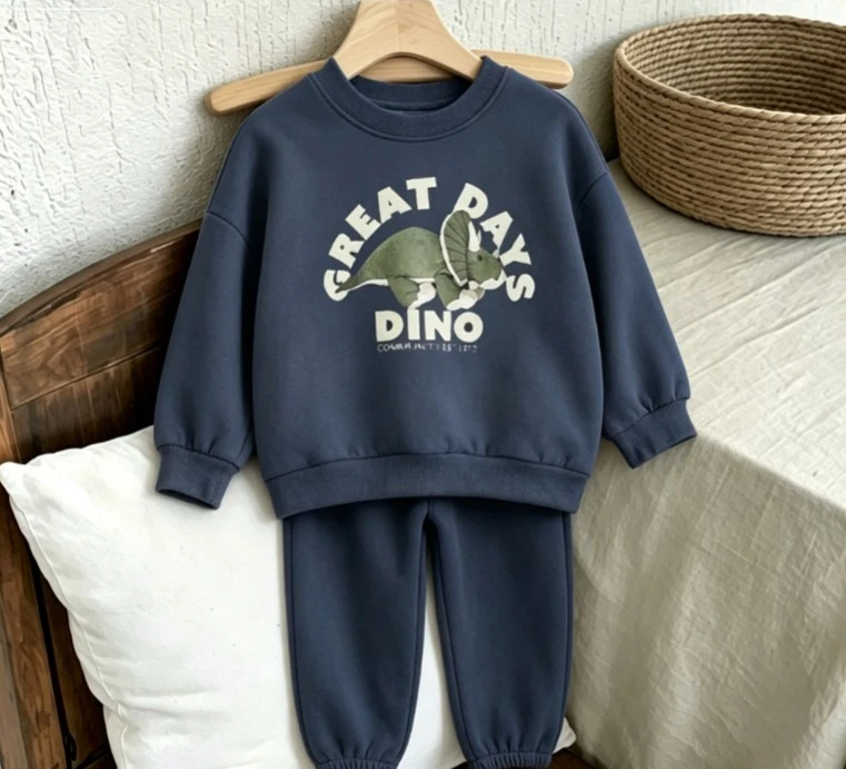 Korean Ins Style Kids Fashion Print Tracksuit Polka Dot Bow For Girls Dino Tiger For Boys Crew Neck Sweatshirt And Pants Suits