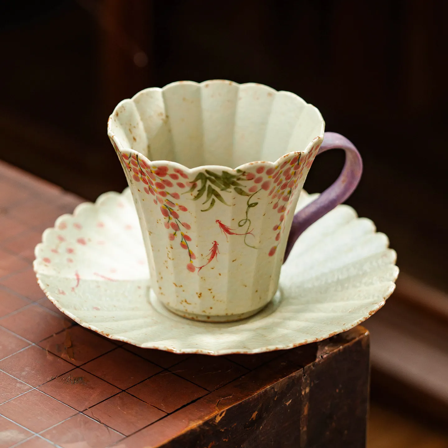 PYH Flint Red Hand-painted Wisteria Coffee Cup High-end exquisite afternoon Chinese latte cup and saucer set