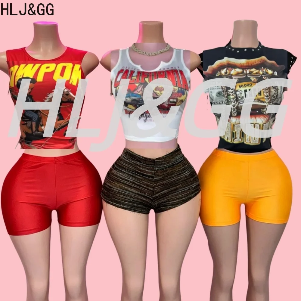 HLJ&GG Y2K Trend Pattern Letter Print Two Piece Sets Women Sleeveless Slim Tank Top And Shorts Outfits Fashion 2pcs Streetwear