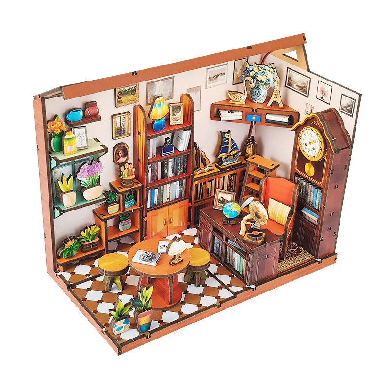 Kits de construção em miniatura de madeira diy, casas de bonecas da livraria de tom com móveis, mini casas de bonecas para amigos, presentes de aniversário