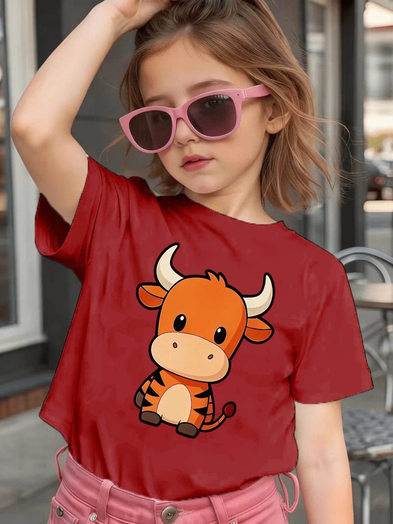 Cute Sitting Cartoon Buffalo Animal Graphic Kids Tee Boys Girls Family Matching Cotton Crew Neck Short Sleeve Soft Summer Tee