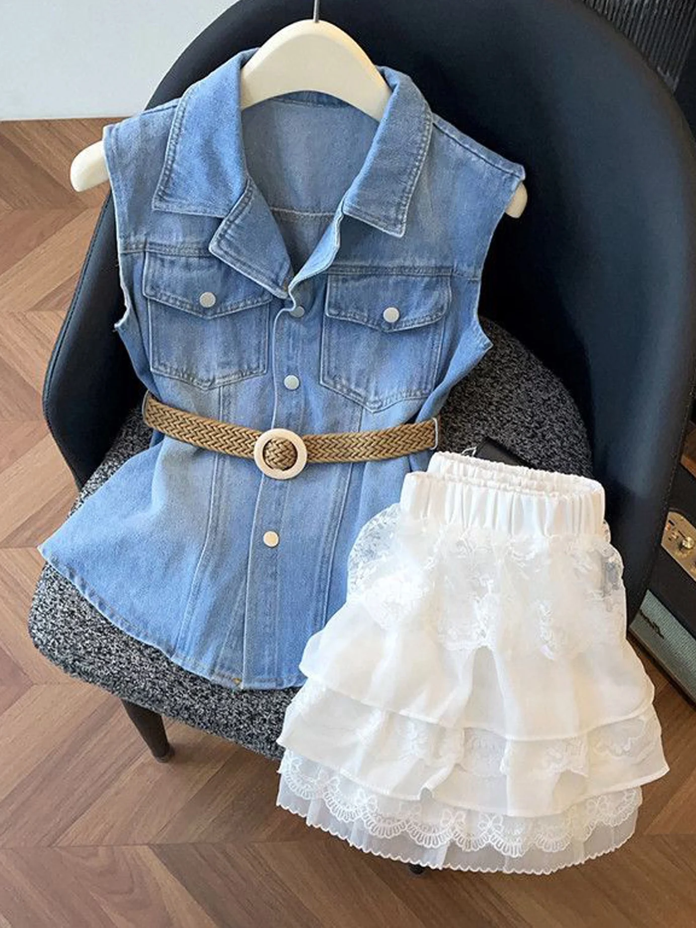 Retro Hong Kong Style High Waist Denim Vest Women's High Waist Snowflake Sensation Cake Skirt Two-Piece Set Korean Style Half...