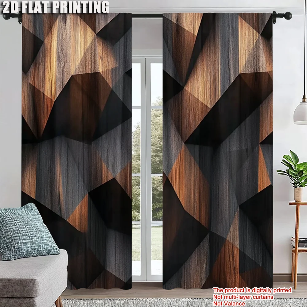 

2Pcs Modern Wooden Block Pattern Printed Curtains Rod Pocket Polyester Fashionable Home Decor For Bedroom Office Kitchen Living