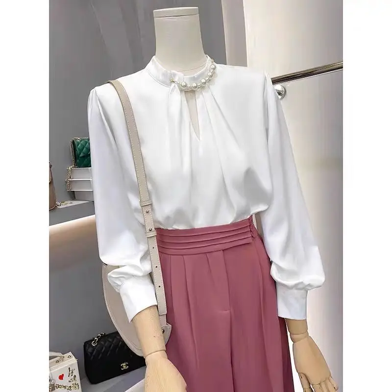 Hollow Out Stand Collar Shirts Blouses Pearl Blusas Long Sleeve Elegant Women Clothes French Style Office Ladies Wear Trendy