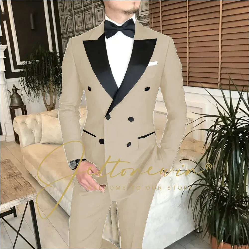 Slim Fit Male Suits 2 Pieces Navy Blue Double Breasted Wedding Tuxedos Groom Business Wear Best Man (Blazer+Pant) Costume Homme