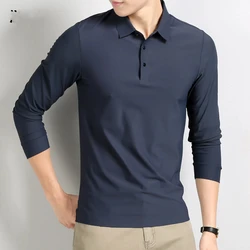Smart Casual Autumn Winter New Men Lapel Ice Silk Solid Button Simplicity Casual Elastic Long Sleeve Pullovers Polo Shirts Tops