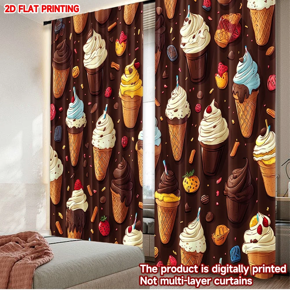 

2D плоская цифровая печать, 2 шт. разноцветных штор с изображением рожков мороженого, полиэстеровые занавески с цифровой печатью, сезонный декор для вечеринок и праздников