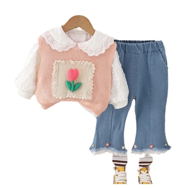 2024 Spring Autumn Toddler Girls 3PCS Clothes Set Cotton Lace Bubble Sleeve Shirts Knitted Flower Vest Flared Jeans Suit