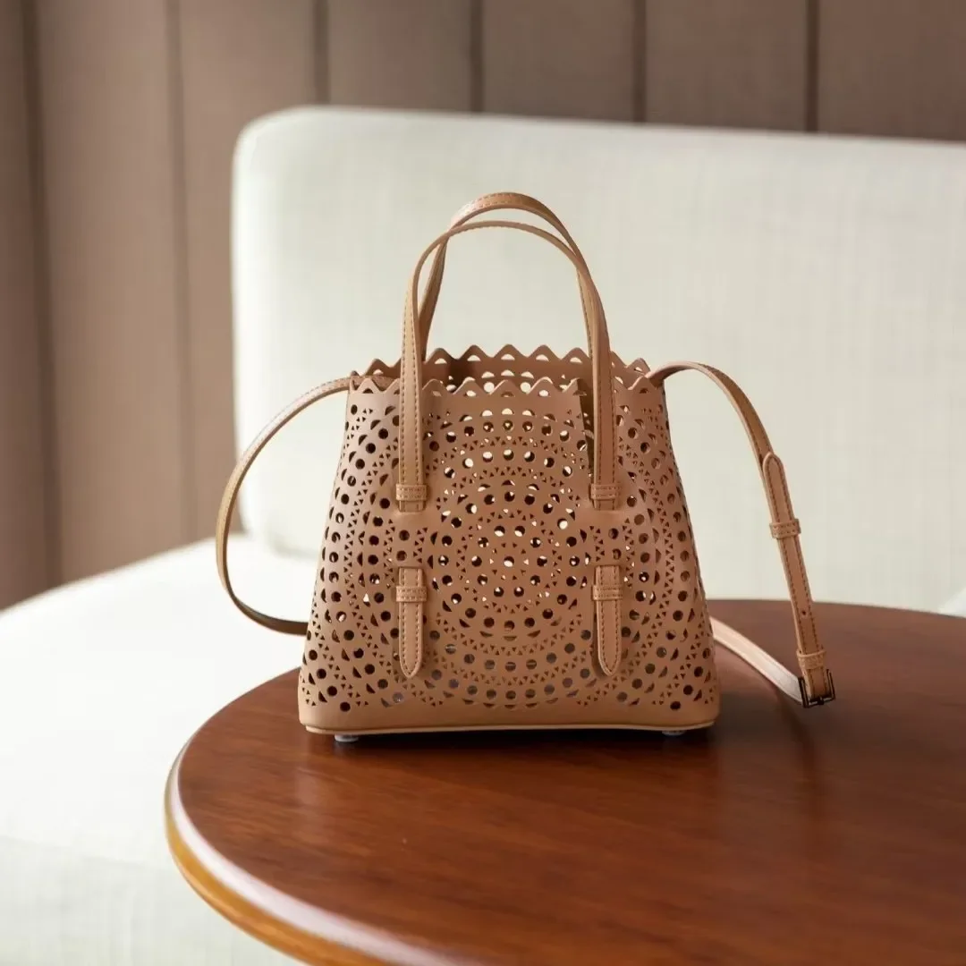 

New Carved Leather Tote Bag Women's Single Shoulder Hollowed out Vegetable Basket Bag Cowhide Crossbody Bag for Min