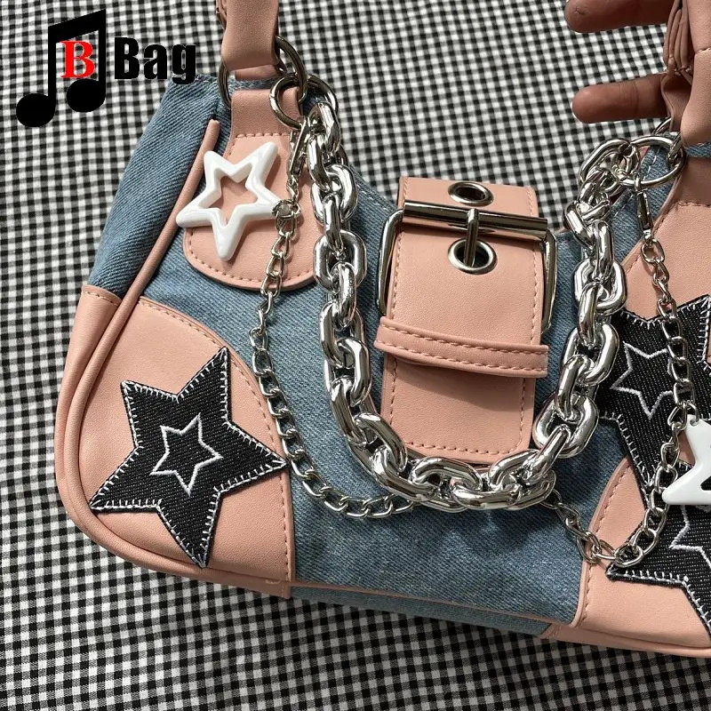 Y2k Spice Girl Women's Handbag Middle sense bump color PU Canvas Stars Gothic Punk Chain Sweet Pants Um ombro crossbody bag