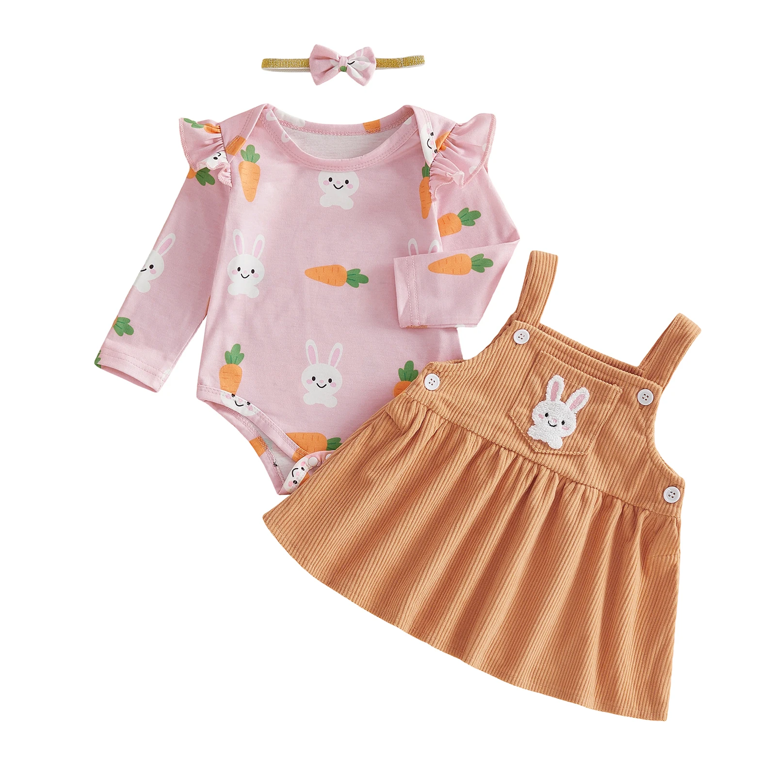 مجموعة ملابس عيد الفصح للفتيات الصغيرات، رومبير بأكمام طويلة مطبوع عليه أرنب وجزر لطيف مع عصابة رأس فستان مكونة من 3 قطع #1