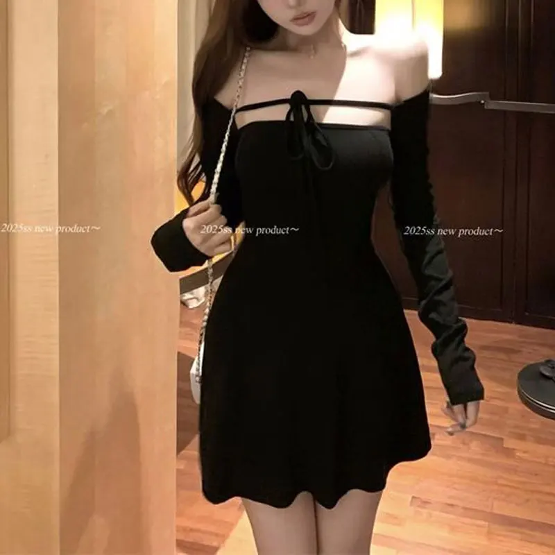 

Fashionable Drawstring Bow Dresses Spring Autumn Slash Neck Female Clothing Solid Color Basic Waist Elegant A-Line Mini Dress