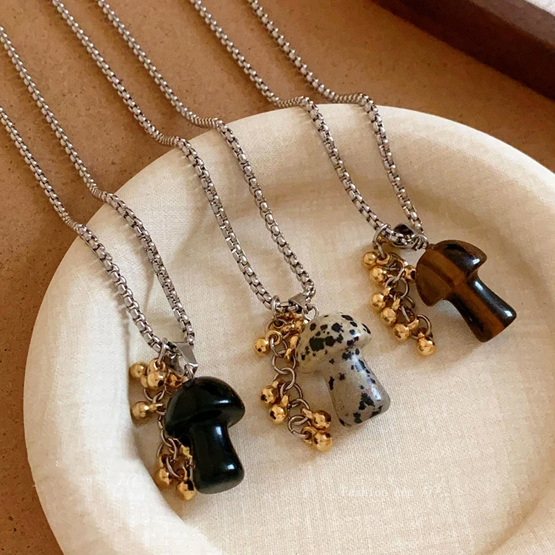 Spotted Tiger Eye Stone Mushroom Pendant Long Versatile Clavicle Chain Necklace for Women's Niche Exquisite Accessories