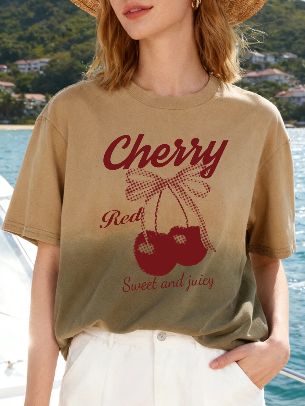

Cherry Sweet And Juicy Prints Womens Gradient Dye T-Shirt Casual O-Neck Tops Oversized Short Sleeve Summer T Shirts Soft Clothes