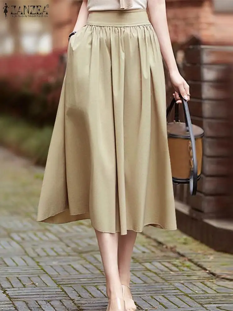 

ZANZEA Women Long Skirt A Line Dress 2024 Summer Thin Swing Pocket Faldas Korean Fashion High Waist Long Jupe Casual Loose Skirt